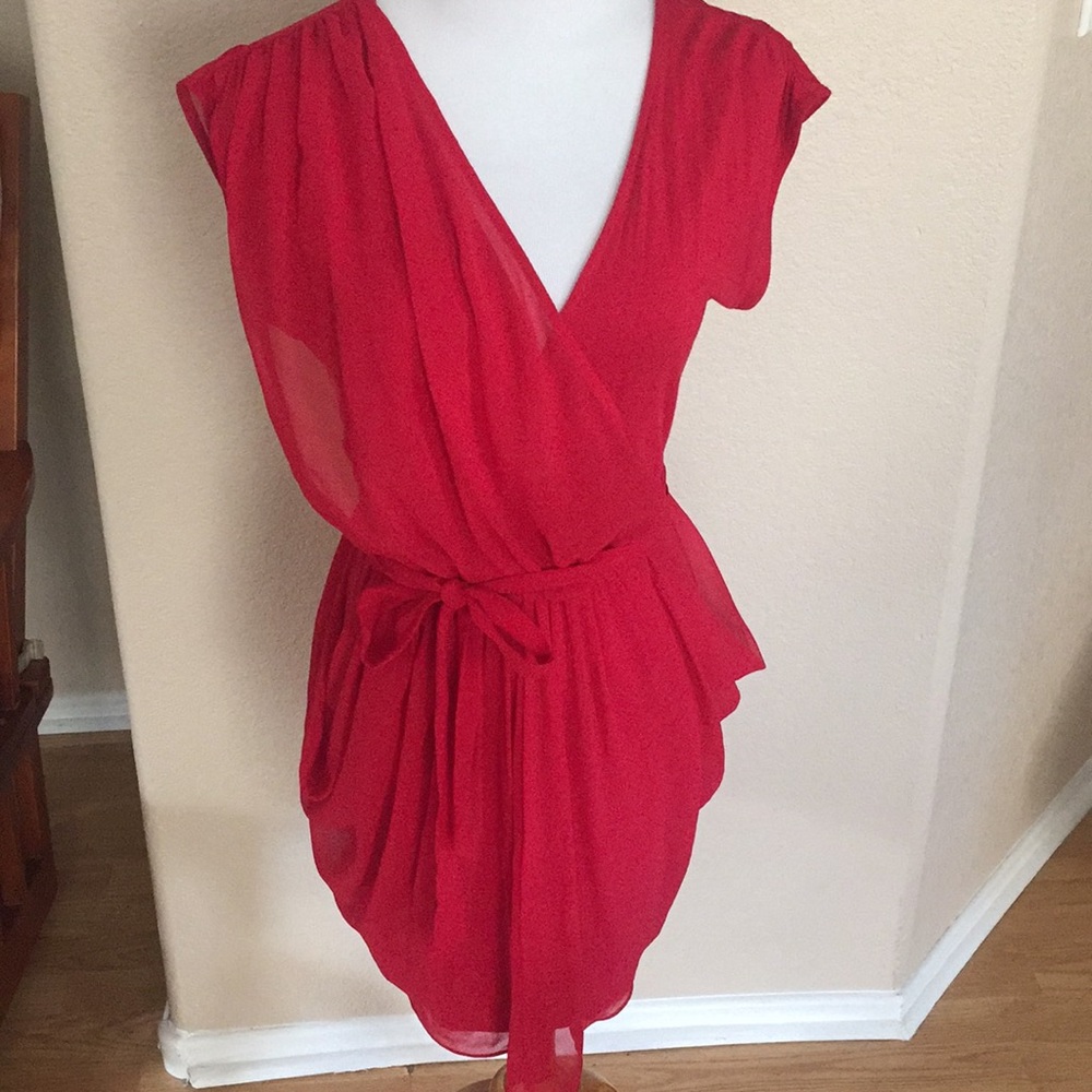 Bebe red deep V neck dress with belt size small